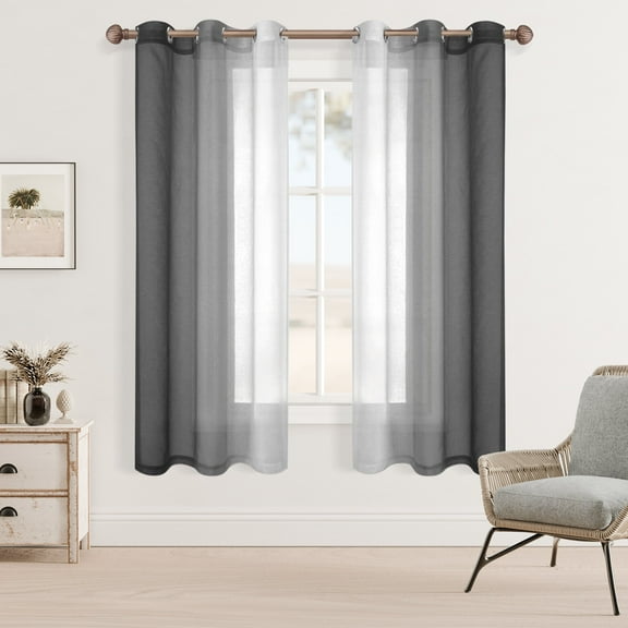 XWZO Faux Linen Sheer Curtains Set of 2, Gradient Semi Sheer Grommet Top Drapes for Bedroom and Living Room, Ombre Voile Window Curtain Panels, 42 x 63 Inch, Black
