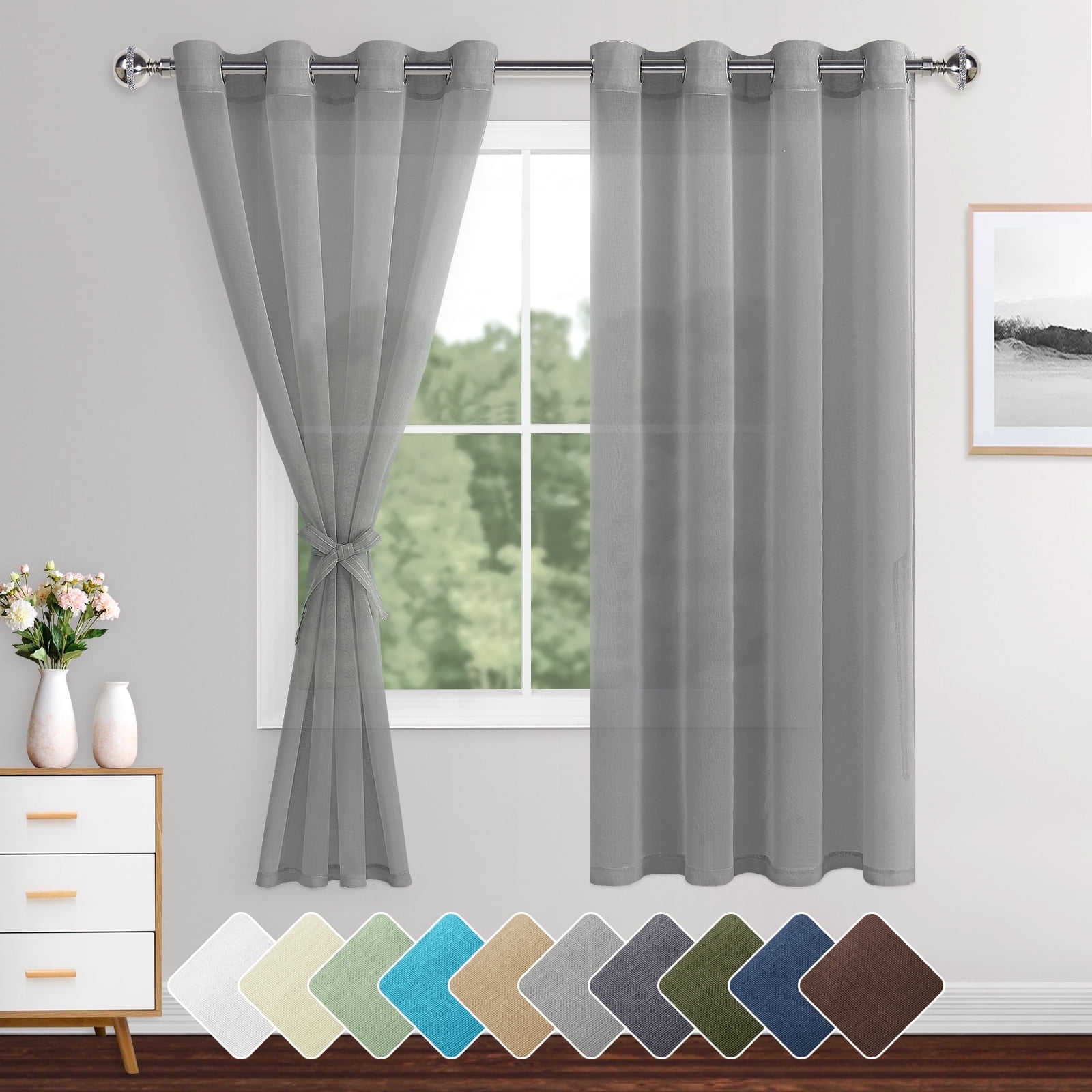 XWZO Gray Sheer Curtains,63 Inch Length 2 Panels Set with Tiebacks ...
