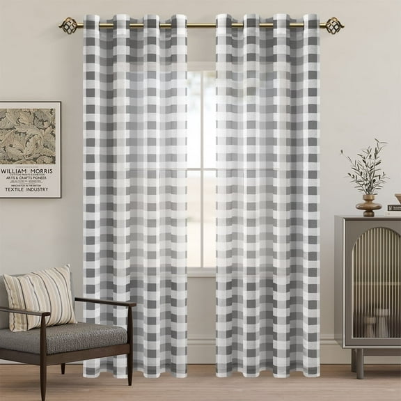 XWZO Checkered Sheer Curtains 84 for Living Room, Farmhouse Light Filtering Grommet Window Drapes for Patio, 2 Panels, Gray, 52" x 84"