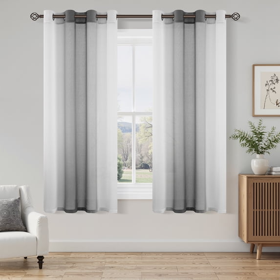 XWZO Grey Curtains Set of 2, Faux Linen Gradient Sheer Curtains 54 Inch Long, Ombre Short Curtain Drapes for Small Window, 52 x 54 Inches, Grey