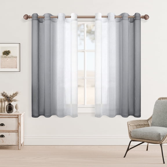 XWZO Grey Curtains Set of 2, Faux Linen Gradient Sheer Curtains 54 Inch Long, Ombre Window Curtain Drapes for Small Window, 52 x 54 Inches, Grey