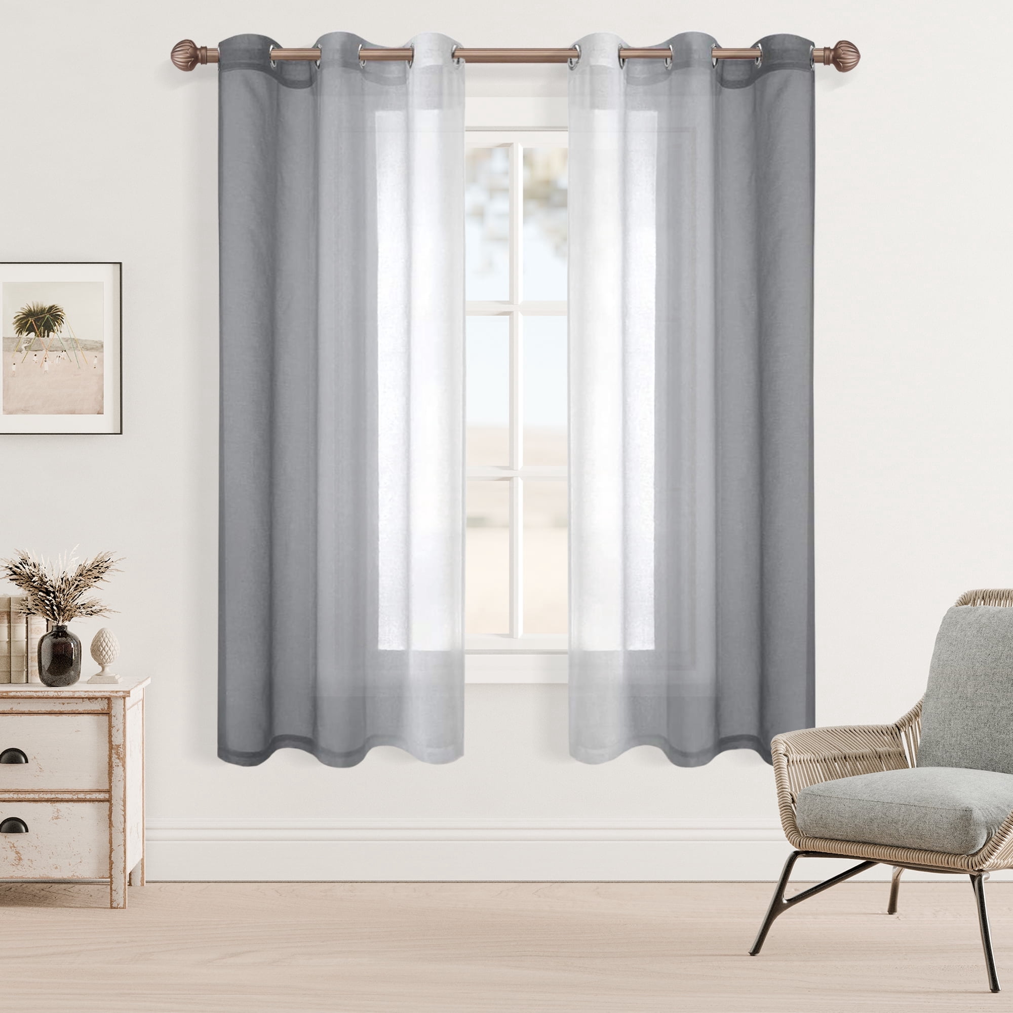 XWZO Grey Curtains Set of 2, Faux Linen Gradient Sheer Curtains 63 Inch
