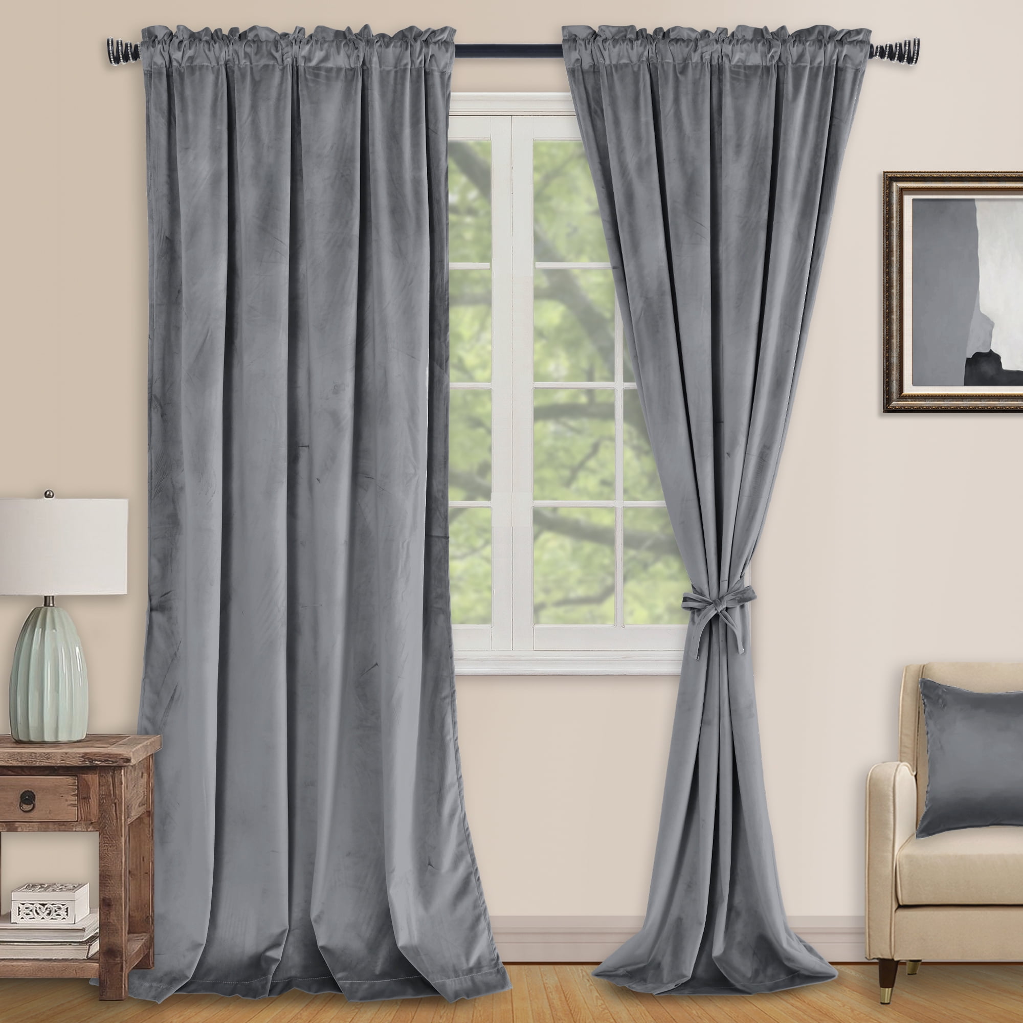 XWZO 2-Pack Grey Velvet Blackout Curtains with Tiebacks - Thermal Insulated Rod Pocket Window Drapery for Living Room & Bedroom, 52W x 96L