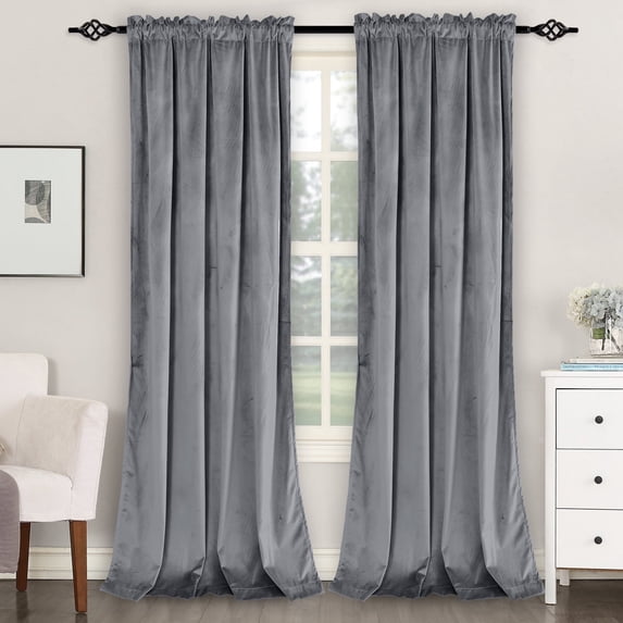 XWZO 96 inch Grey Velvet Curtains with Tiebacks - Blackout Thermal Insulated Rod Pocket Window Drapery for Living Room & Bedroom, 52"W x 96"L, 2 Panels