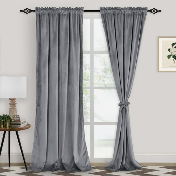 XWZO 2-Pack Grey Velvet Blackout Curtains with Tiebacks - Thermal Insulated Rod Pocket Window Drapery for Living Room & Bedroom, 52W x 96L
