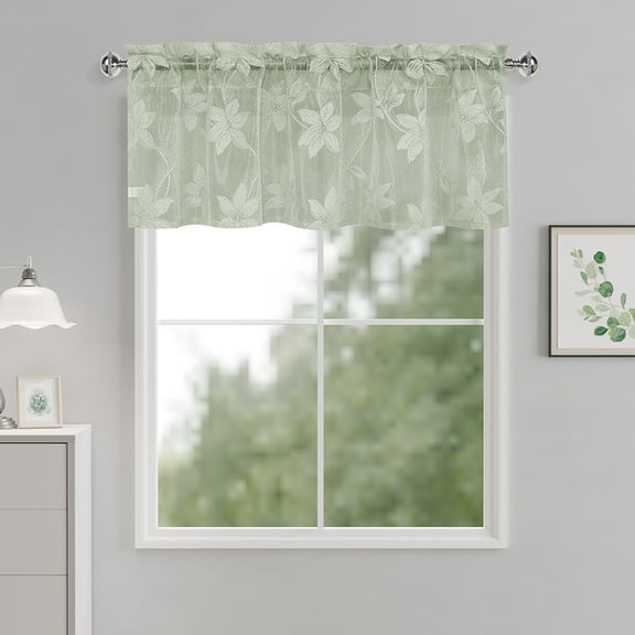 XWZO Kitchen Sheer Valance Curtain 18 Inch Pack of 2, Lace Patterned Semi Sheer Curtains for Bedroom, Short Elegant Voile Sheer Drapes for Home Decoration, 42 x 18 Inches, Sage Green