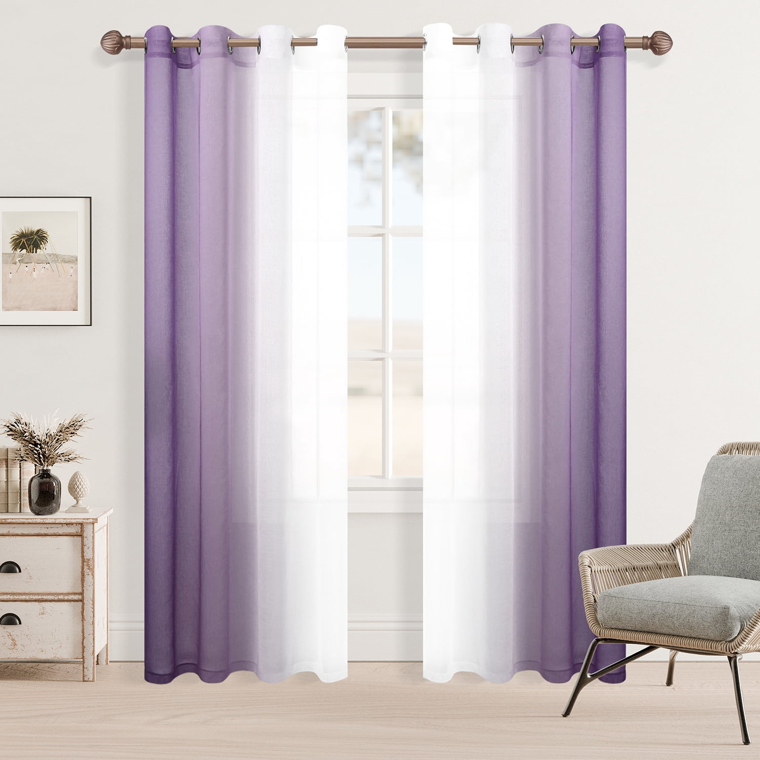 XWZO Sheer Curtains 84 Inch Long Set of 2, Faux Linen Gradient