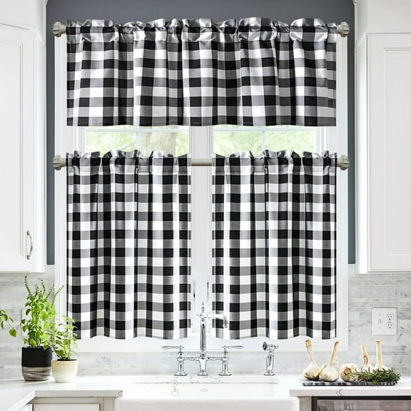 XWZO Buffalo Checkered Kitchen Tier Curtain Set of 3,Light Filtering Short Rustic Farmhouse Semi Sheer Valance & Tiers for Window, Black, 52W x 18L (1 Panel)   26W x 36L (2 Panels)