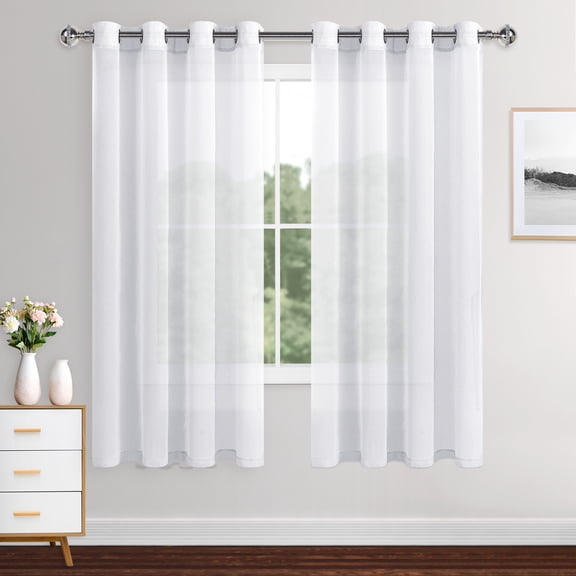 XWZO Sheer White Curtains 63 Inch Length 2 Panels Set with Tiebacks for Window, Grommet Semi Transparent Light Filtering Voile Window Drapes for Bedroom Living Room, W46 x L63