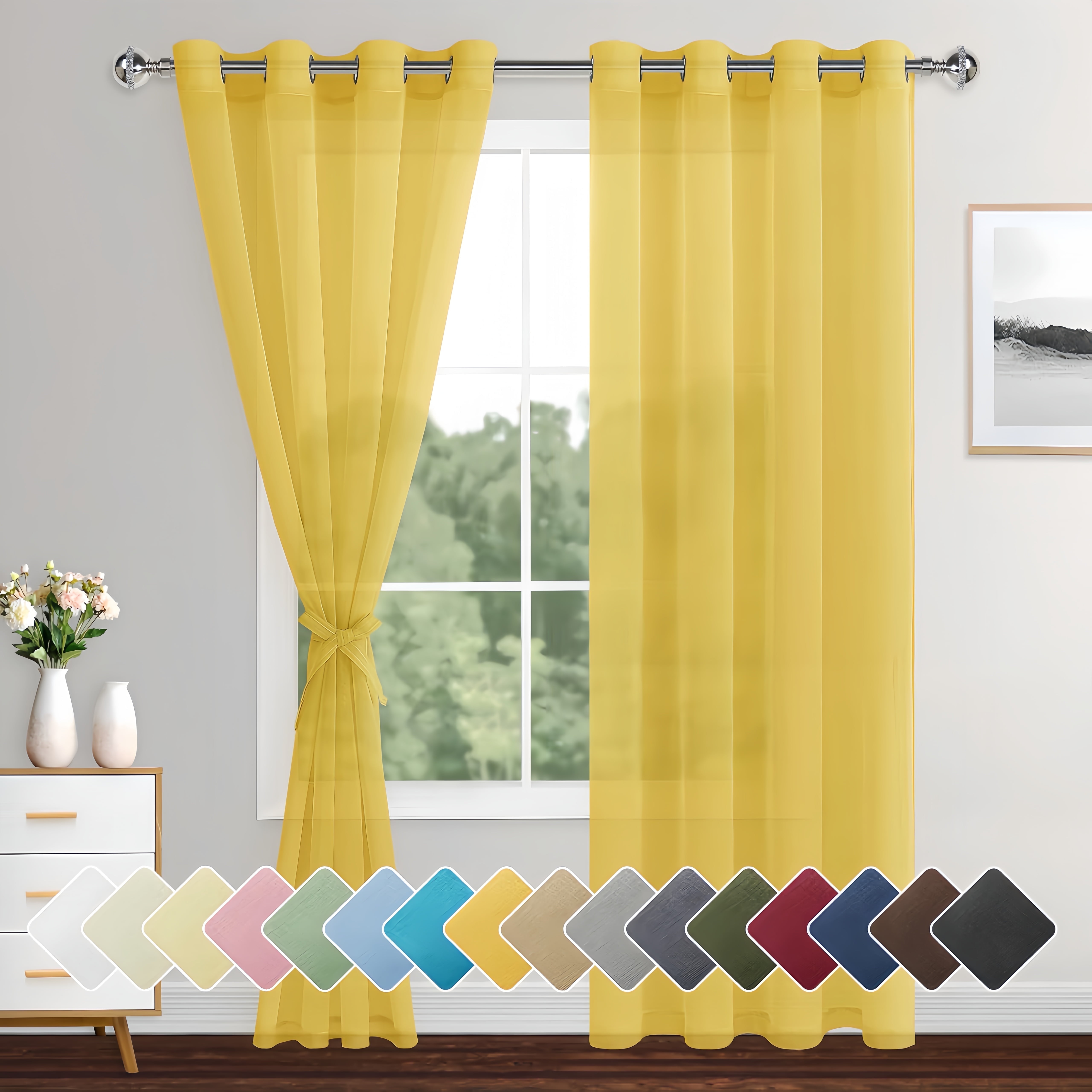 XWZO Yellow Curtains 84 Inch Length 2 Panels Set with Tiebacks for Home ...