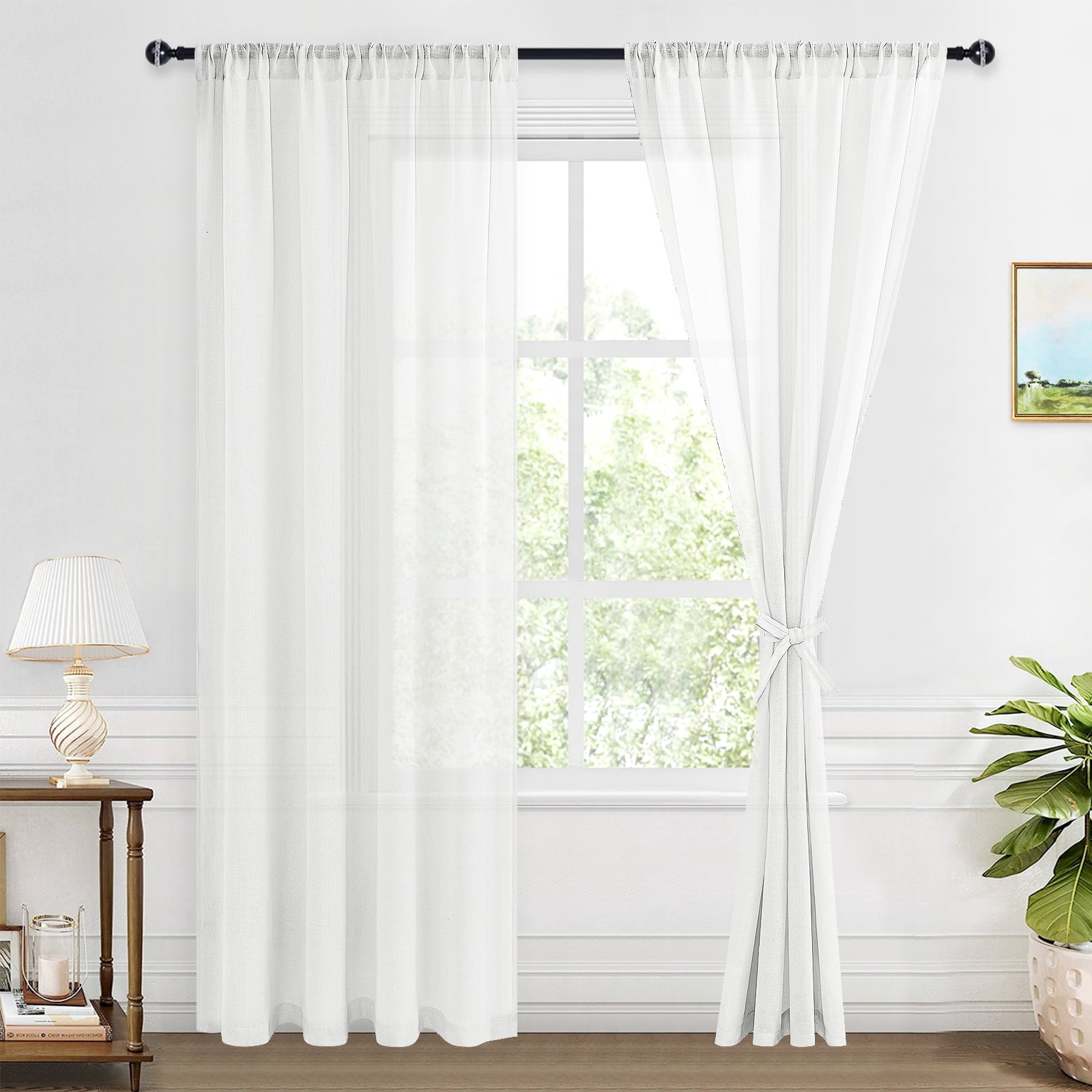 XWZO Semi Sheer Linen Curtains,Privacy Enhancing & Light Filtering Rod Pocket Cortina Drapes for Living Room with Tiebacks(Off White,W52 x L84 Inch,2 Panels)