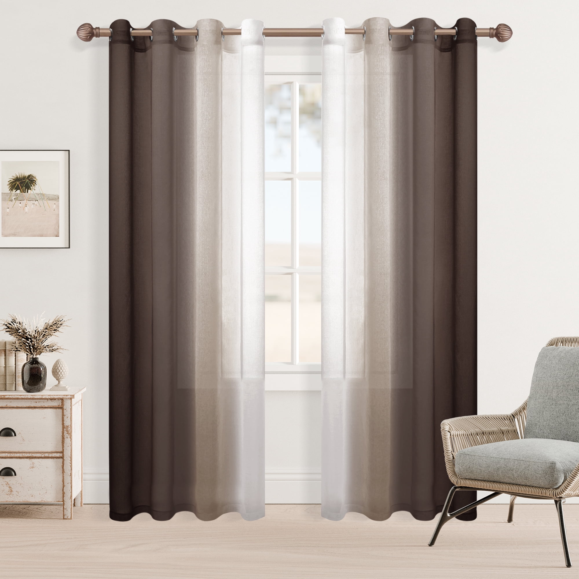 XWZO Ombre Sheer Curtains 2 Panels, Faux Linen Semi Voile Gradient ...