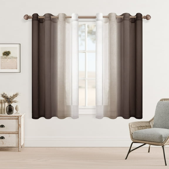 XWZO Ombre Sheer Curtains 2 Panels, Faux Linen Semi Voile Gradient Grommet Curtains for Bedroom, Modern Living Room Window Curtain Panels, 52 x 54 Inch, Chocolate Brown
