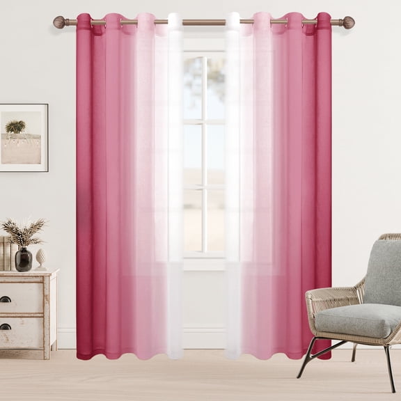 XWZO Ombre Sheer Curtains 2 Panels, Faux Linen Semi Voile Gradient Grommet Curtains for Bedroom, Modern Living Room Window Curtain Panels, 52 x 84 Inch, Burgundy
