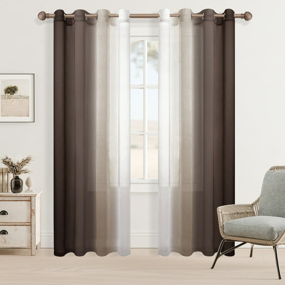 XWZO Ombre Sheer Curtains 2 Panels, Faux Linen Semi Voile Gradient Grommet Curtains for Bedroom, Modern Living Room Window Curtain Panels, 52 x 84 Inch, Chocolate Brown