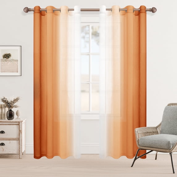 XWZO Ombre Sheer Curtains 2 Panels, Faux Linen Semi Voile Gradient Grommet Curtains for Bedroom, Modern Living Room Window Curtain Panels, 52 x 96 Inch, Sunset Orange