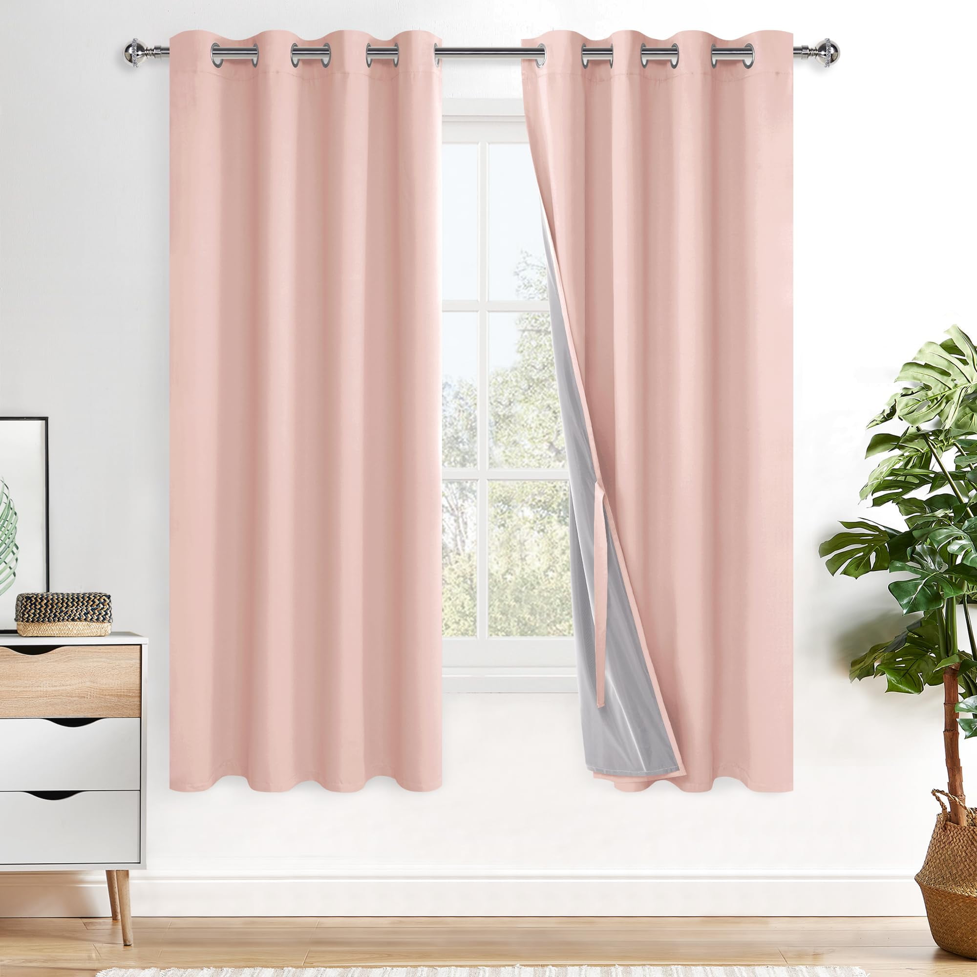 XWZO Pink Total Blackout Curtains with Tiebacks for Girls Room, 63 ...
