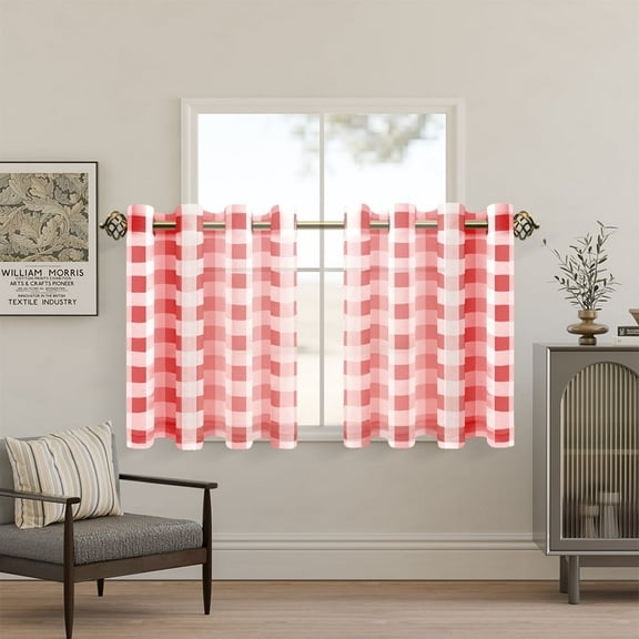 XWZO Red Buffalo Checkered Sheer Curtains for Kitchen, Farmhouse Short Light Filtering Grommet Window Drapes for Cafe, 2 Panels, 36" x 24"