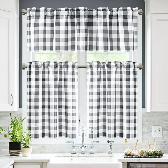 XWZO Room Darkening Window Curtain Panels Set of 3, Plaid Tier and Valance Semi Curtains for Bedroom/Kitchen/Cafe/Small Window, Grey, 60W x 18L (1 Panel) + 29W x 36L (2 Panels)