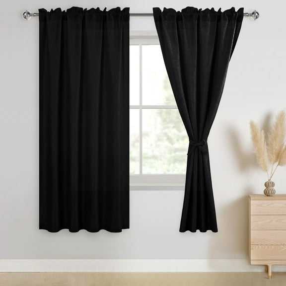 XWZO Semi Sheer Faux Linen Privacy Curtains for Bedroom Living Room, Rod Pocket Curtain Drapes, 2 Panels, 42 W x 63 L, Black