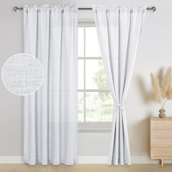 XWZO Semi Sheer Faux Linen Privacy Curtains for Bedroom Living Room, Rod Pocket Curtain Drapes, 2 Panels, 42 W x 84 L, White