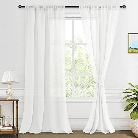 XWZO Semi Sheer Linen Curtains,Privacy Enhancing & Light Filtering Rod Pocket Drapes for Living Room with Tiebacks(Off White,W52 x L108 Inch,2 Panels)