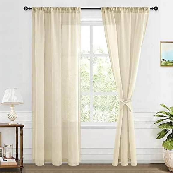XWZO Semi Sheer Linen Curtains,Privacy Enhancing & Light Filtering Rod Pocket Drapes for Living Room with Tiebacks(Beige,W42 x L84 Inch,2 Panels)
