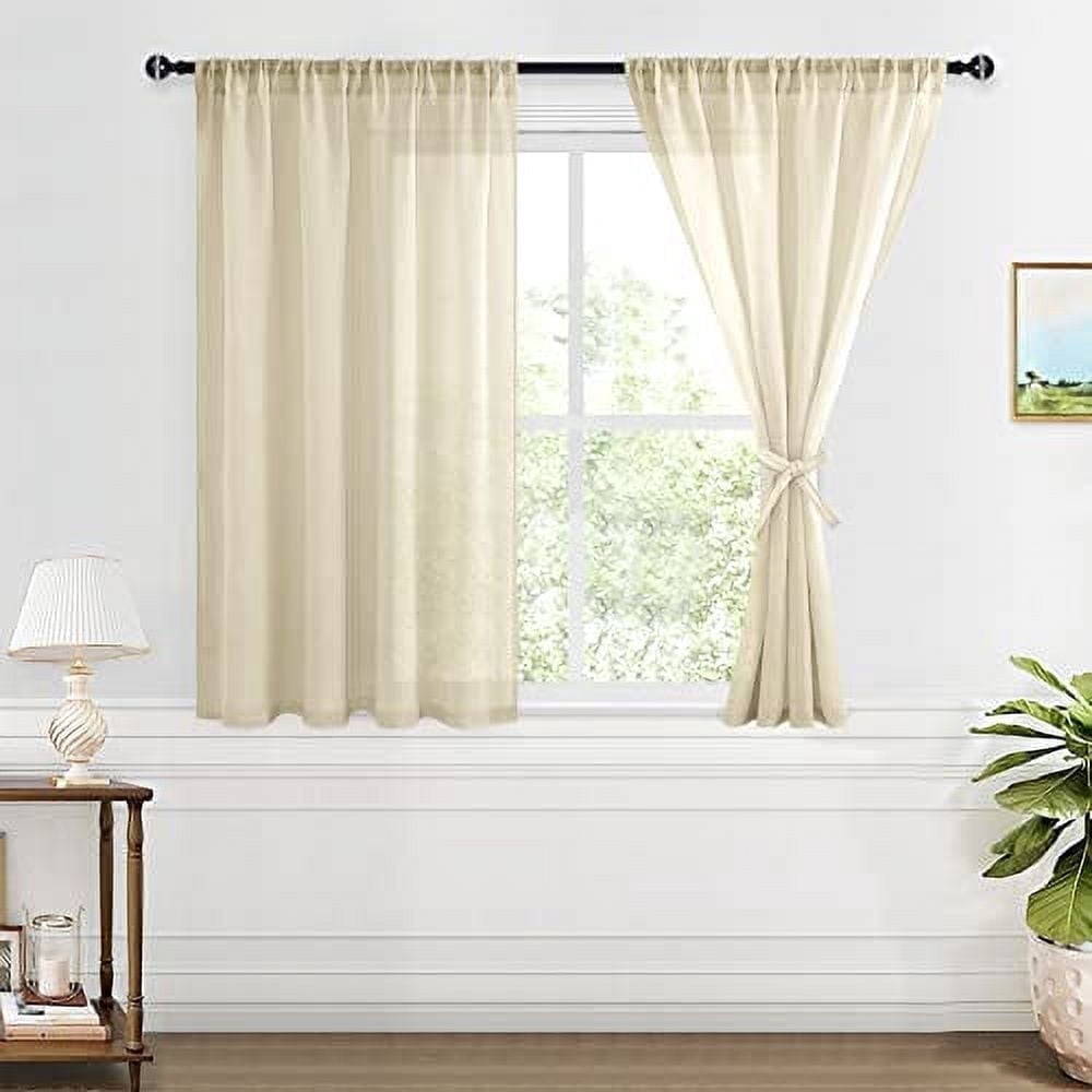 XWZO Semi Sheer Linen Curtains,Privacy Enhancing & Light Filtering Rod Pocket Drapes for Living Room with Tiebacks(Beige,W52 x L45 Inch,2 Panels)