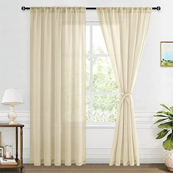 XWZO Semi Sheer Linen Curtains,Privacy Enhancing & Light Filtering Rod Pocket Drapes for Living Room with Tiebacks(Beige,W70 x L84 Inch,2 Panels)