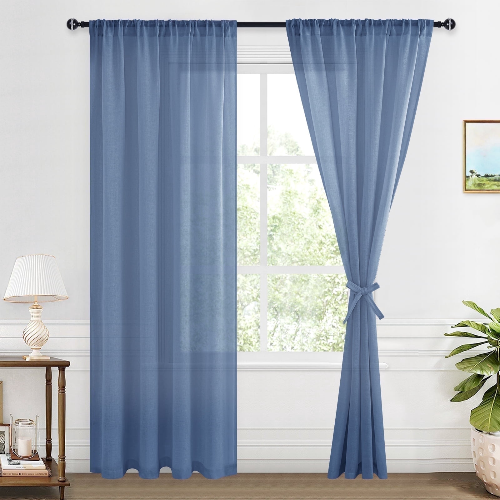 XWZO Semi Sheer Linen Curtains,Privacy Enhancing & Light Filtering Rod Pocket Drapes for Living Room with Tiebacks(Denim,W52 x L84 Inch,2 Panels)