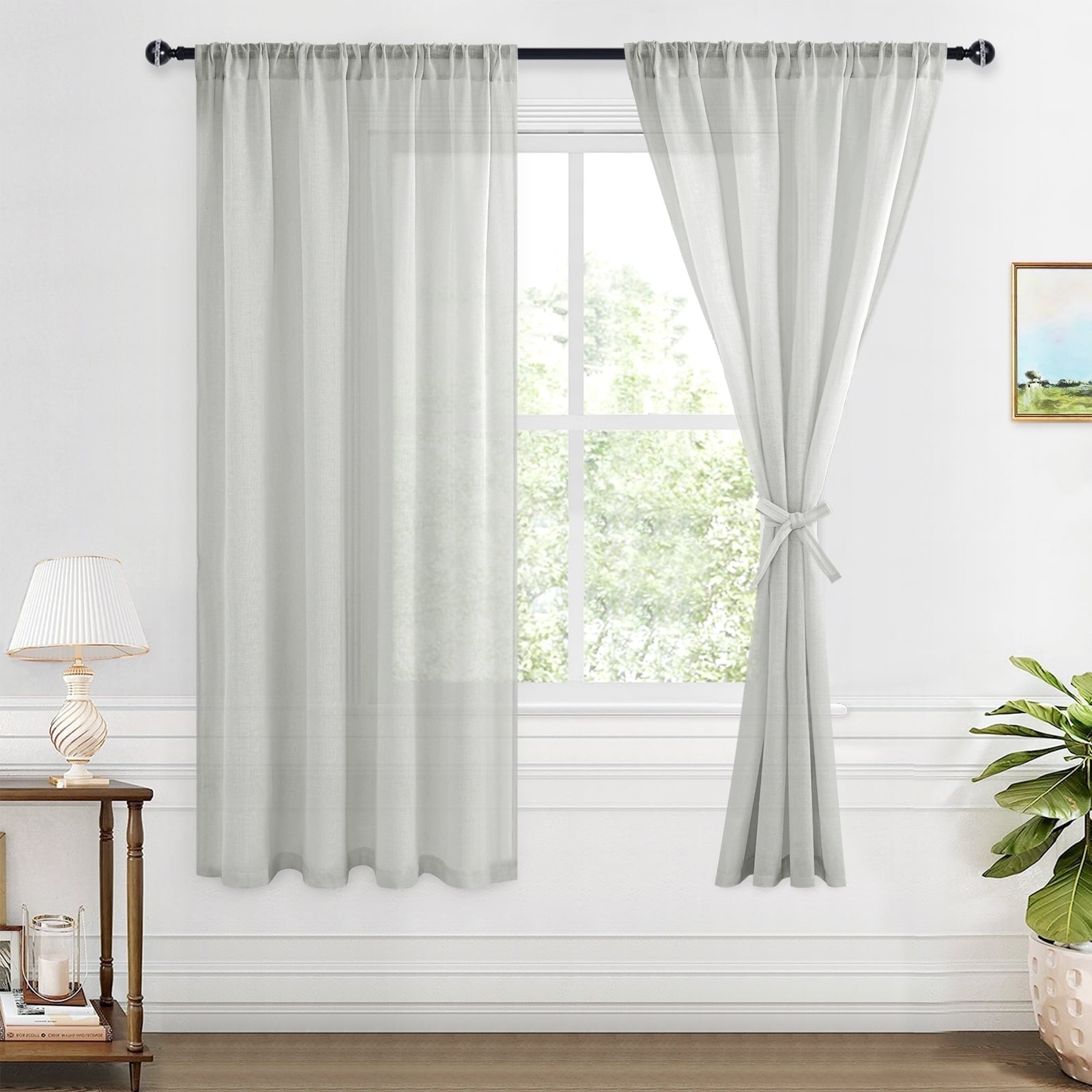 XWZO Semi Sheer Linen Curtains,Privacy Enhancing & Light Filtering Rod Pocket Drapes for Living Room with Tiebacks(Grey,W52 x L63 Inch,2 Panels)