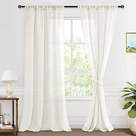XWZO Semi Sheer Linen Curtains,Privacy Enhancing & Light Filtering Rod Pocket Drapes for Living Room with Tiebacks(Ivory,W52 x L108 Inch,2 Panels)