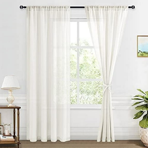 XWZO Semi Sheer Linen Curtains,Privacy Enhancing & Light Filtering Rod Pocket Drapes for Living Room with Tiebacks(Ivory,W52 x L84 Inch,2 Panels)