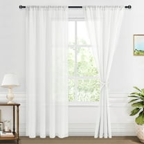 XWZO Semi Sheer Linen Curtains,Privacy Enhancing & Light Filtering Rod Pocket Cortina Drapes for Living Room with Tiebacks(Off White,W52 x L84 Inch,2 Panels)