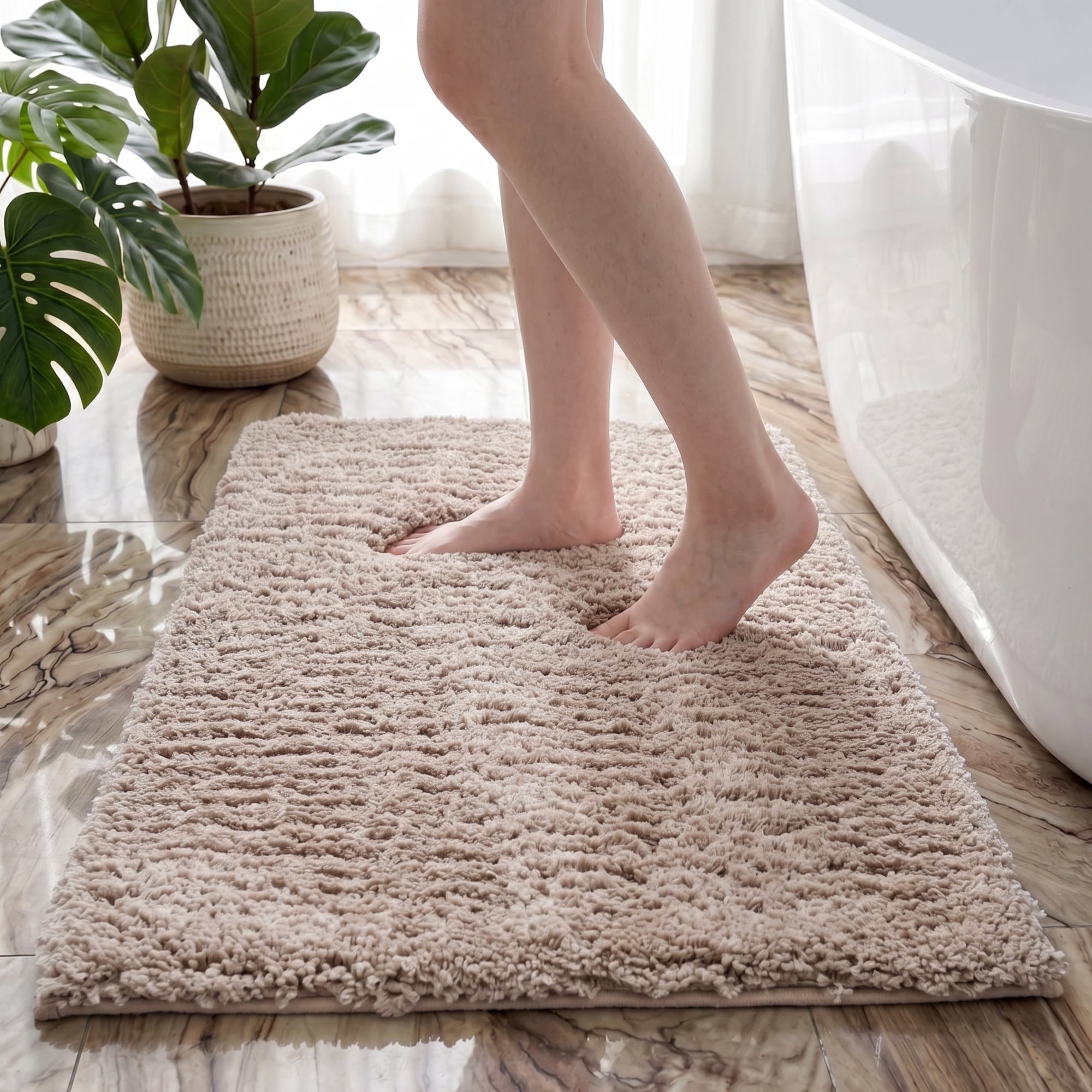 XWZO Shag Soft Tufted Bath Mat for Bathroom 1 Piece, High Pile Absorbent Non Slip Bath Rug with Rubber Backing, Camel, 24x35 Inch