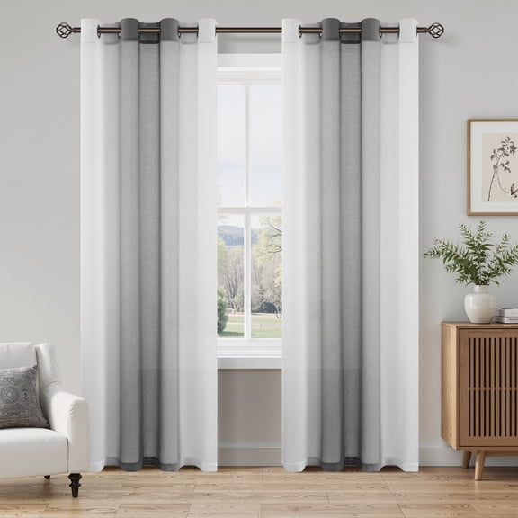 XWZO Sheer Curtains 84 Inch Long Set of 2, Faux Linen Gradient Gray Privacy Light Filtering Sheers for Living Room, Grommet Ombre Window Curtain Drapes for Bedroom, W52 x L84, Grey