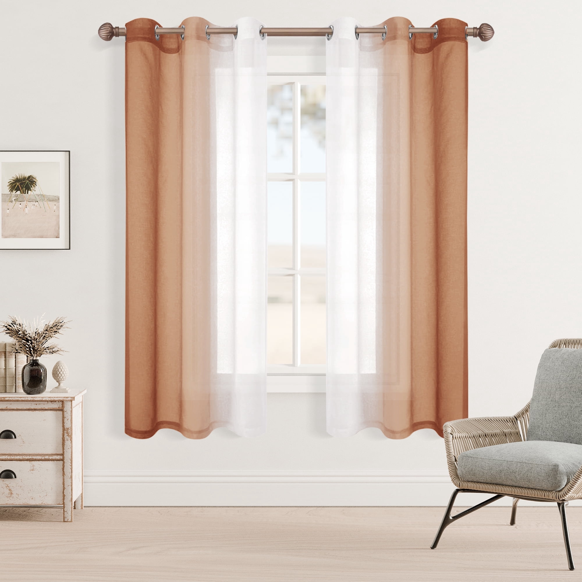 XWZO Sheer Curtains Set of 2, Faux Linen Gradient Light Filtering Curtains 63 Inch Long, Ombre Window Curtain Drapes for Small Window, 42 x 63 Inches, Burnt Ochre