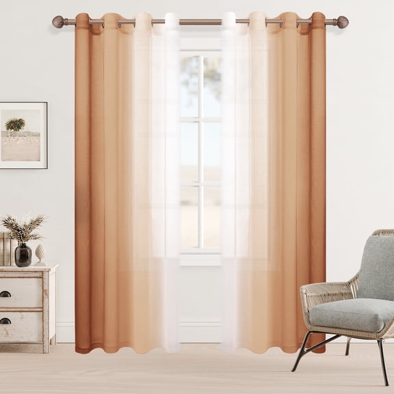 XWZO Sheer Curtains Set of 2, Faux Linen Gradient Light Filtering Curtains 96 Inch Long, Ombre Window Curtain Drapes for Small Window, 52 x 96 Inches, Burnt Ochre