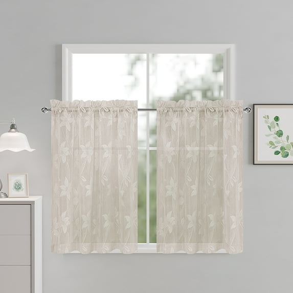 XWZO Sheer Curtains Set of 2, Rod Pocket Light Filtering Window Curtains with Lace Floral Design, Voile Semi Sheer Drapes for Kitchen Living Room, Beige, 30 x 36 Inch