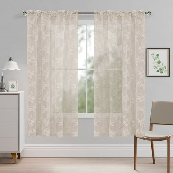 XWZO Sheer Curtains Set of 2, Rod Pocket Light Filtering Window Curtains with Lace Floral Design, Voile Semi Sheer Drapes for Kitchen Living Room, Beige, 42 x 63 Inch