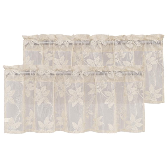 XWZO Sheer Valance Curtains Set of 2, Rod Pocket Light Filtering Window Curtains with Lace Floral Design, Voile Semi Sheer Drapes for Kitchen Living Room, Beige, 42 x 18 Inch