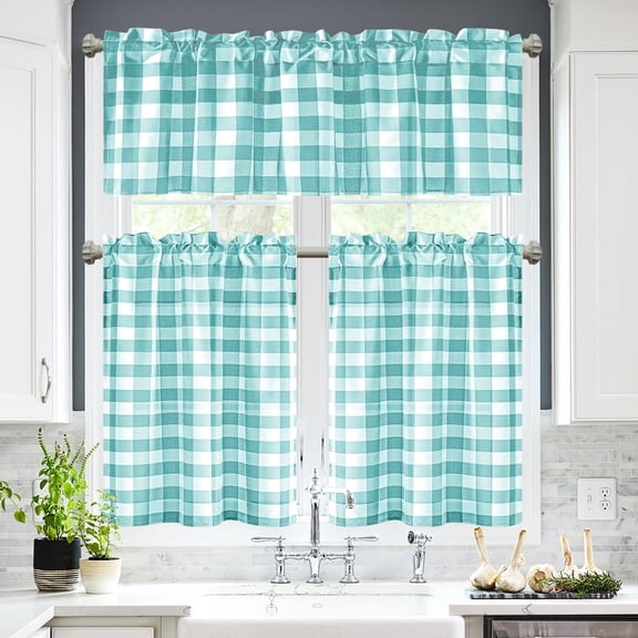 XWZO Short Kitchen Curtains 3 Pieces Set, Semi Sheer Light Filtering Checkered Tier and Valance Window Curtains Set, Aqua and White, 52W x 18L (1 Panel) + 26W x 36L (2 Panels)