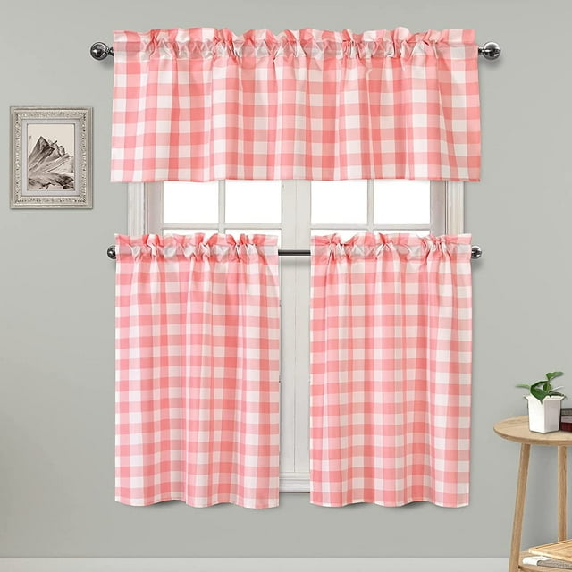 XWZO Short Kitchen Curtains 3 Pieces Set, Semi Sheer Light Filtering Checkered Tier and Valance Window Curtains Set, Pink, 52W x 18L (1 Panel) + 26W x 24L (2 Panels)