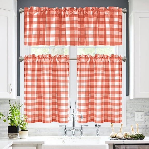 XWZO Short Kitchen Curtains 3 Pieces Set, Semi Sheer Light Filtering Checkered Tier and Valance Window Curtains Set, Pumpkin Orange, 60W x 18L (1 Panel) + 29W x 36L (2 Panels)