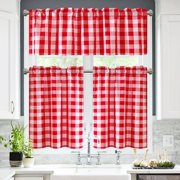 XWZO Short Kitchen Curtains 3 Pieces Set, Semi Sheer Light Filtering Checkered Tier and Valance Window Curtains Set, Red, 52W x18 L (1 Panel) + 26W x 24L (2 Panels)