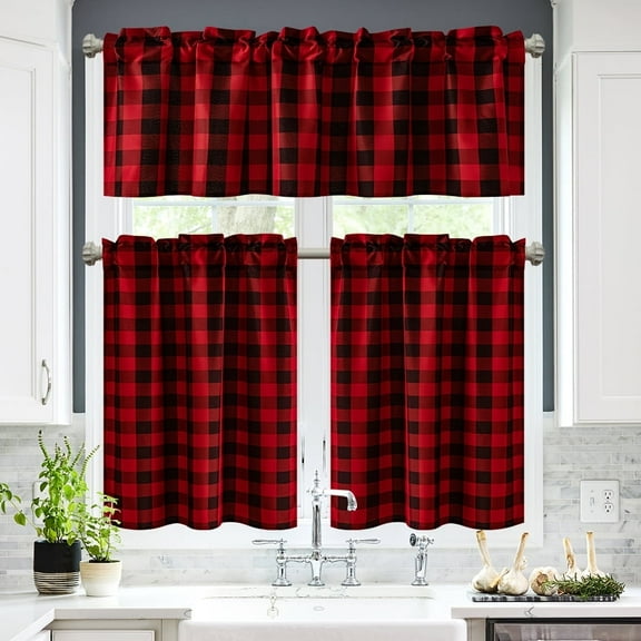 XWZO Short Kitchen Curtains 3 Pieces Set, Semi Sheer Light Filtering Checkered Tier and Valance Window Curtains Set, Red and Black, 52W x 18L (1 Panel)   26W x 24L (2 Panels)
