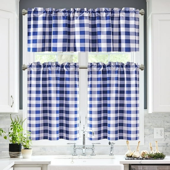 XWZO Short Kitchen Curtains 3 Pieces Set, Semi Sheer Light Filtering Checkered Tier and Valance Window Curtains Set, Royal Blue, 52W x 18L (1 Panel) + 26W x 36L (2 Panels)