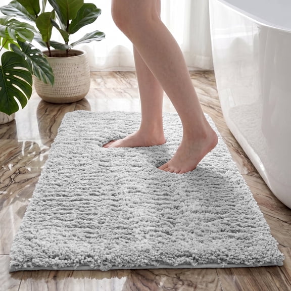 XWZO Soft Tufted Bath Mat for Washroom 1 Piece, Washable Absorbent Non Slip Microfiber Small Floor Mat with Rubber Backing, Light Grey, 16x24 Inch