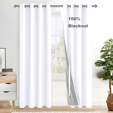 XWZO Total Blackout Curtains 84 Inches Long for Bedroom with Liner, Grommet Thermal Insulated Living Room Darkening 100% Black Out White Curtain Drapes with Tiebacks(White,52"W x 84"L,2 Panels)