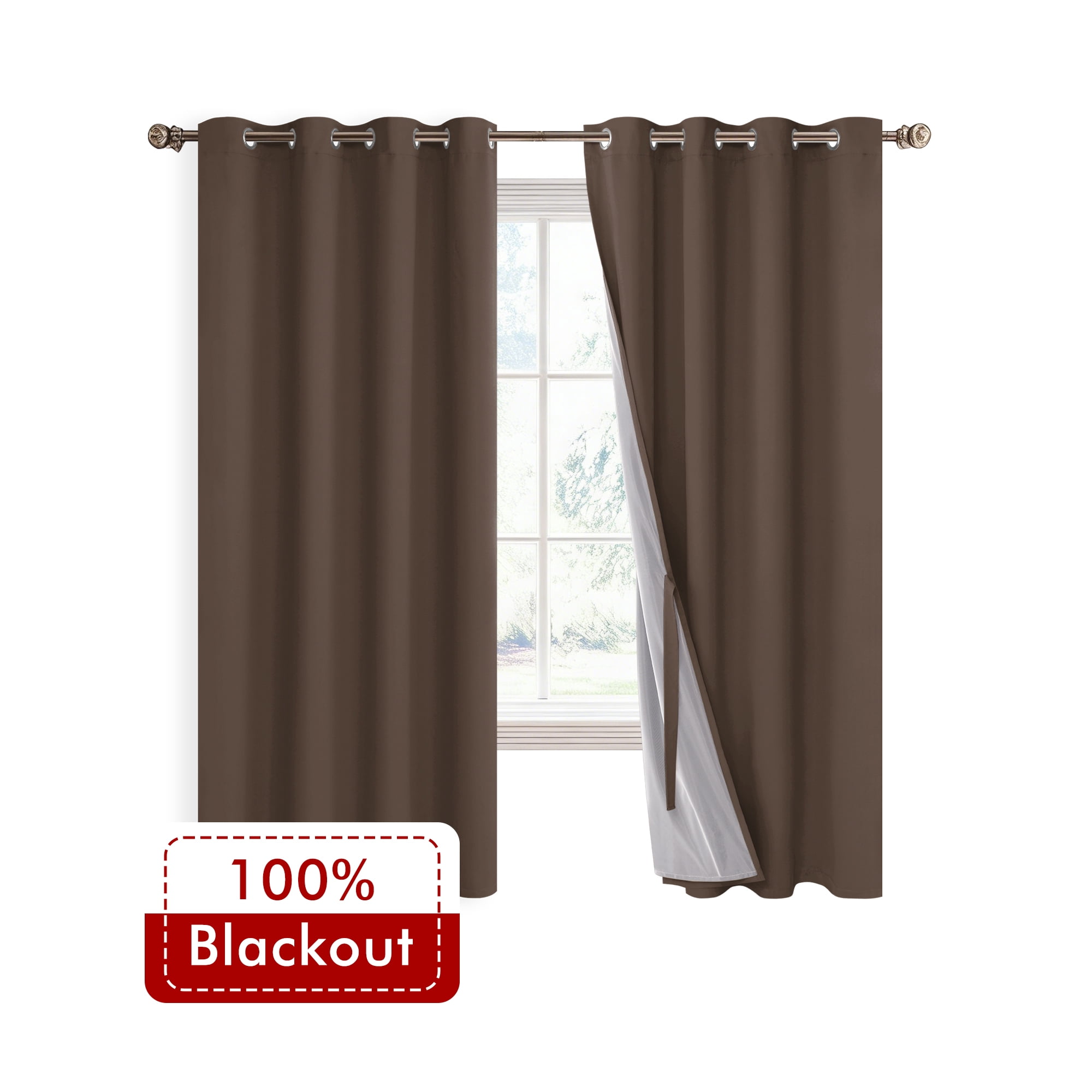 XWZO Total Blackout Curtains for Bedroom with Tiebacks, 100% Light Block Window Curtain Drape 2 Panels Set, Noise Reducing Privacy Curtain for Living Room, Brown,52 x 63